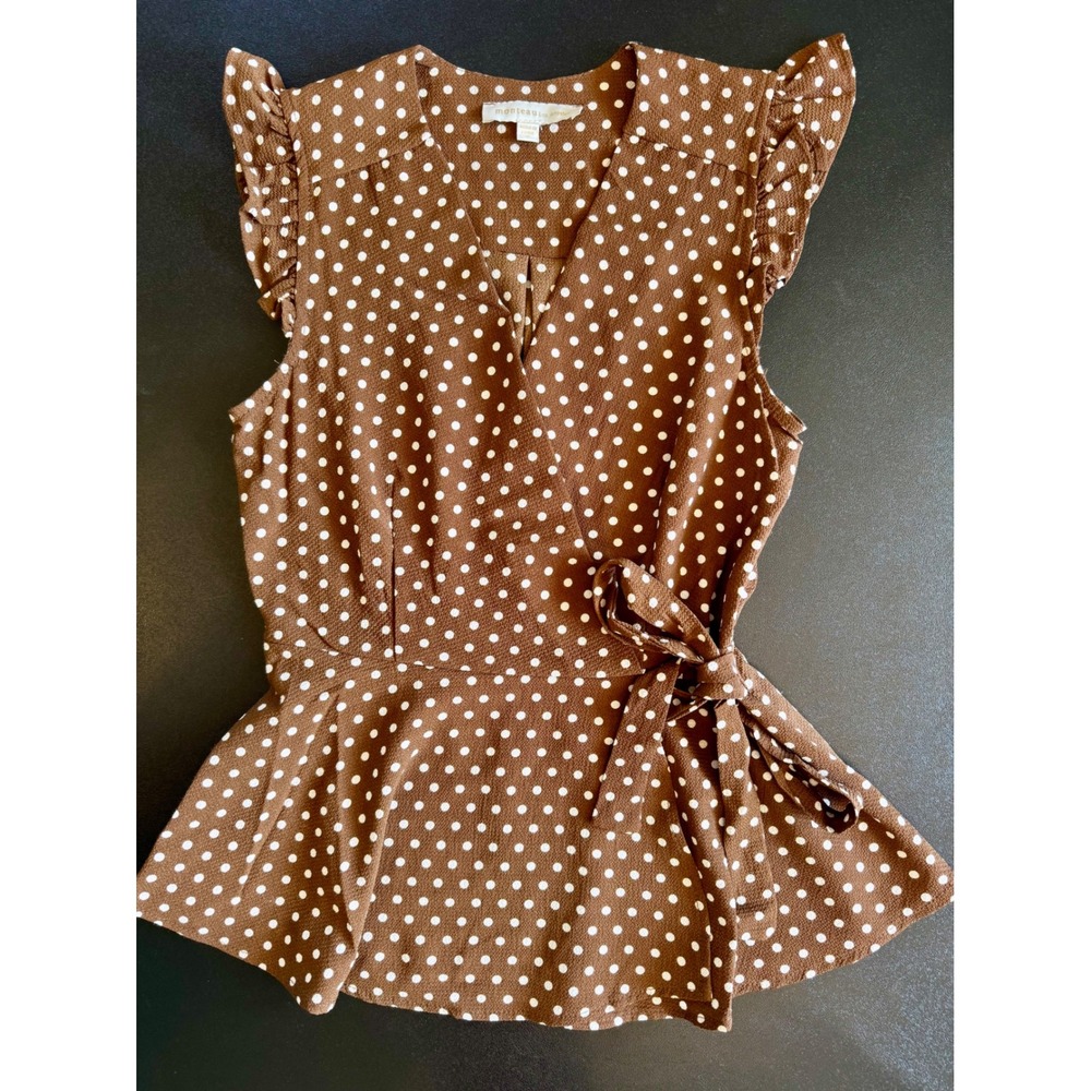 Monteau Los Angeles Brown Polka Dot Peplum Top Ruffle Sleeve Faux Wrap Small